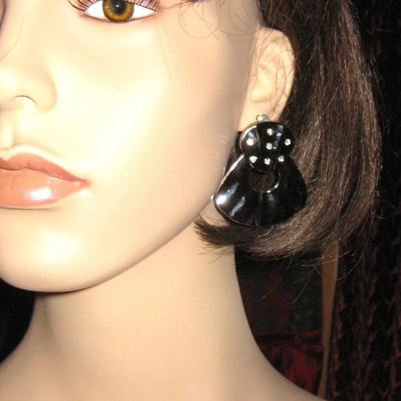 Go Go Deco Silver Celluloid Clip ON Back Earrings with Rhinestones Retro Jewelry - Picture 4 of 5
